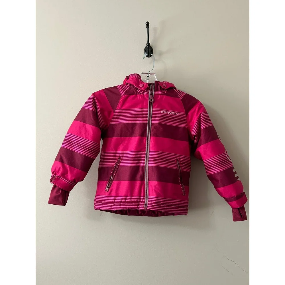 Minymo Kids Pink Striped Hooded Winter Jacket Insulated Ski Coat Thumbhole Cuffs